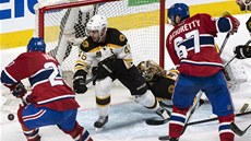 V ROLI OBRÁNCE. David Krej�í z Bostonu se sna�í zabránit, aby Thomas Vanek z