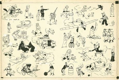 Dvoustrana komiksových kreseb Tintina, která zlomila aukní rekord 24. kvtna...