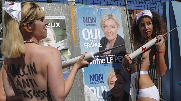 lenky hnut Femen protestovaly ve Francii proti nrstu obliby xenofobnch stran. (25. kvtna 2014)