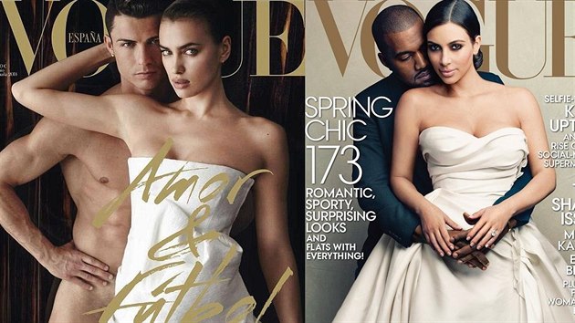 Dva slavn pry na oblkch asopisu Vogue - Ronaldo s aikovou na fotce Maria Testina a West s Kardashianovou na fotce Annie Leibovitzov.