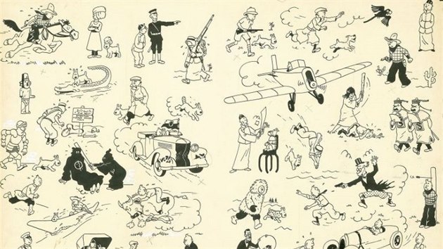 Dvoustrana komiksových kreseb Tintina, která zlomila aukční rekord 24. května 2014.