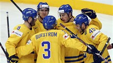 �véd�tí hokejisté slaví gól.