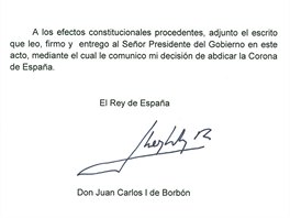 Abdikaní listina panlského krále Juana Carlose I. (2. ervna 2014)