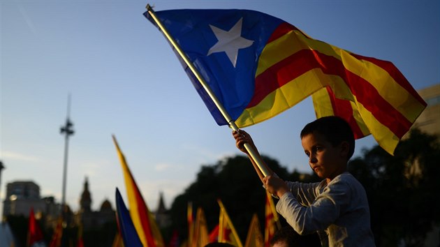 Chlapec mv vlajkou "estelada" bhem protest v Barcelon volajcch za nezvislost Katalnska a ustanoven republiky (2. ervna 2014)
