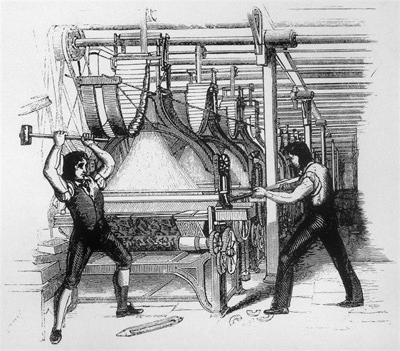 Kresba z roku 1812 zachycuje tzv. ludity rozbíjejíci stroje v textilní továrn.