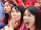 A South Korean soccer fan reacts after a South Korean player missed a shot...