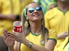 A Brazil supporter smiles before the group A World Cup soccer match between...