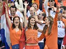 Dutch supporters react before the group B World Cup soccer match between...