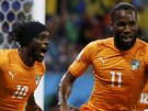 Didier Drogba (vpravo) a stelec Gervinho z Pobeí slonoviny se radují z  gólu...