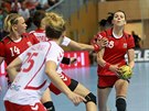 Iveta Luzumová u míe v utkání proti Polsku, Petra Vítková íhá na pihrávku. 