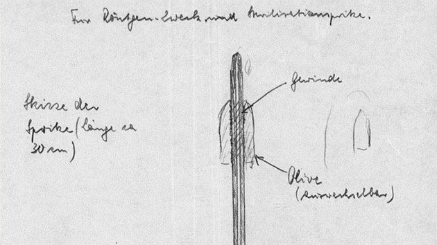 Claubergova injekn stkaka, pouvan ke sterilizaci. Nakreslil ji Carl Clauberg bhem svho vslechu 19. 12. 1955 (z knihy eny z bloku 10)