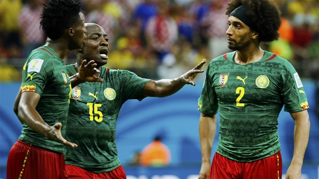 CO BLZNTE? Kamerunci Benjamin Moukandjo (vlevo) a Benoit Assou-Ekotto (vpravo) neudreli v zvru zpasu proti Chorvatsku nervy, oddlit je musel Achille Web.