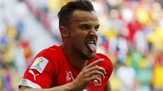 výcarský útoník Haris Seferovi slaví svj gól v nastaveném ase, jím...