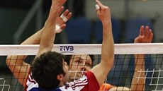 eský volejbalista Zdenk Haník v souboji nad sítí s Thomasem Koelewijnem z...