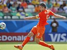 Nizozemský útoník Robin van Persie se snaí zakonit akci v osmifinále proti...