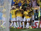 Braziltí fotbalisté se radují ze vsteleného gólu.