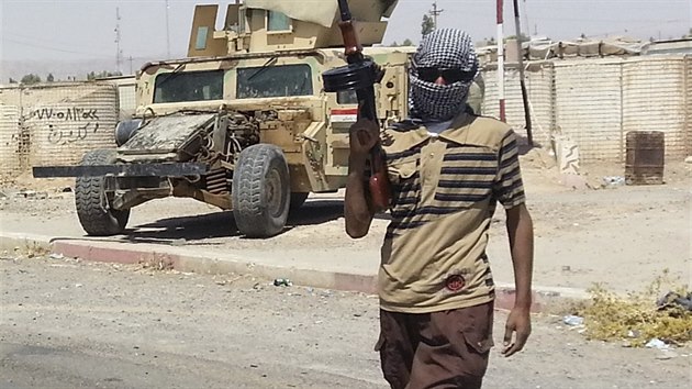 Ozbrojenec z ISIL stoj na stri nedaleko rafinerie v Bajd (19. ervna 2014).