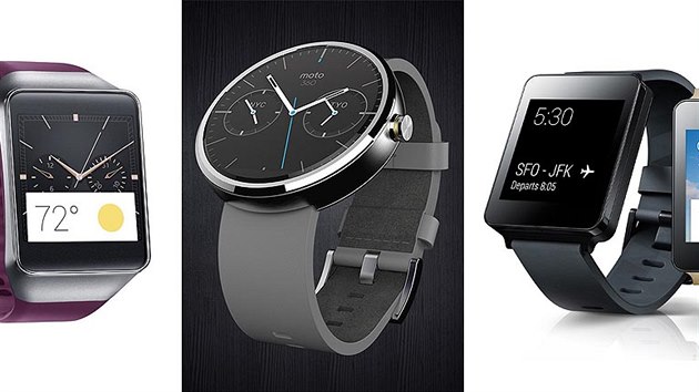 Chytré hodinky na platformě Google Wear. Zleva: Samsung Gear Live, Motorola Moto 360 a LG G Watch