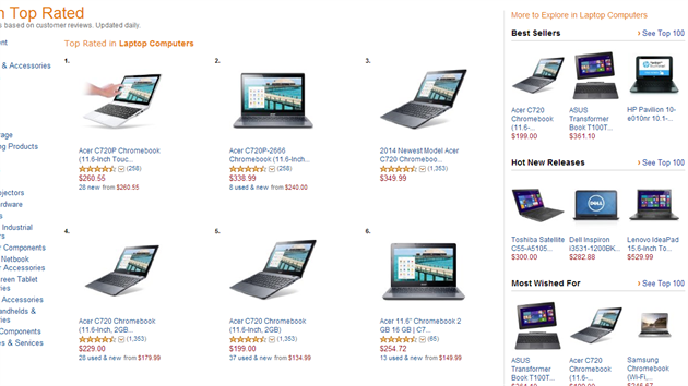 TOP 10 nejlépe hodnocených poíta na Amazon.com jsou skuten Chromebooky.