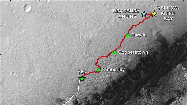 Dosavadn trasa voztka Curiosity na Marsu. Bl ra ukazuje dal plnovanou trasu. 2014