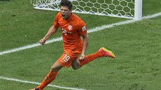 Nizozemský útoník  Klaas-Jan Huntelaar slaví vítzný gól v osmifinále MS proti...