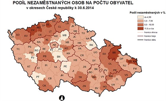 Mapa nezamstnanosti v R. daje k ervnu 2014