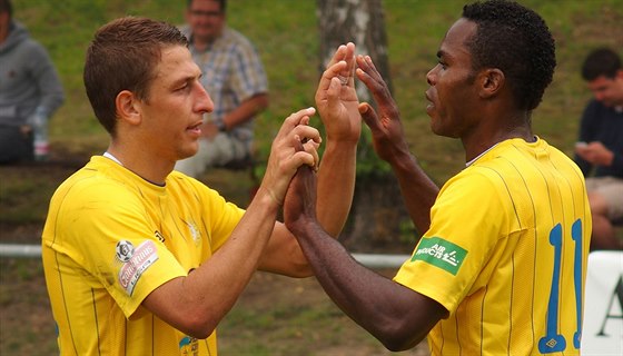 Jan Krob (vlevo) a Eugene Salami z Teplic slaví gól.