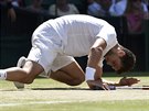 PÁD. Bulharský tenista Grigor Dimitrov pi semifinále Wimbledonu upadl na trávu.