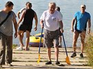 Po t�íhodinové plavb� na �lunu byl Zeman v dobré nálad� (6.�ervence 2014).