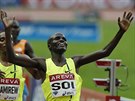Cheruiyot Soi of Kenya celebrates after crossing the finish line in the men's...