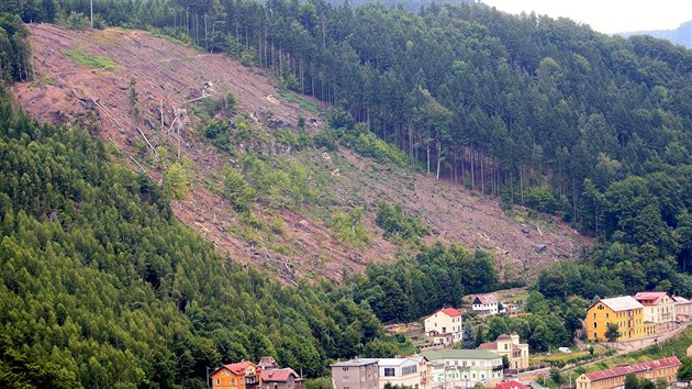 Nestabiln svah v dnsk st Horn leb, kde se 29. ervna 2014 uvolnil dvacetitunov balvan a jen o dva metry minul roubenku.