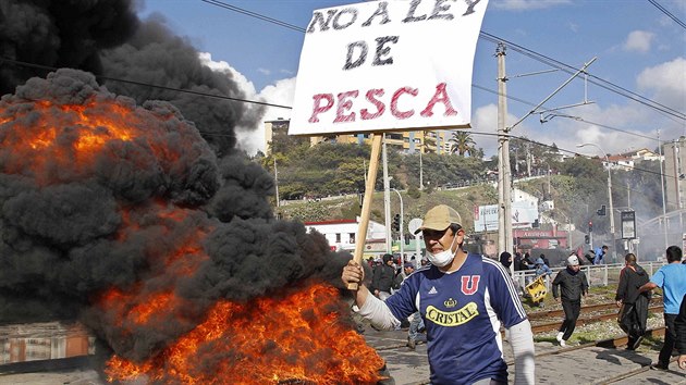 Stet policejnch tkoodnc se skupinou demonstrujcch ryb v chilskm pstavu Valparaso pinesl nejmn sedm zrannch. (2. ervence 2014)