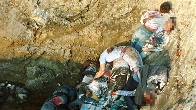 Povradn muslimov v jednom z masovch hrob nedaleko Srebrenici . (ervenec 1995)