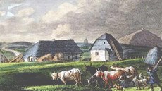 Lu�ní bouda kolem roku 1850 na kolorované litografii  Theodora Sachse (KM...