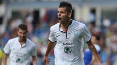 Michal Ďuriš z Mladé Boleslavi se raduje z gólu v utkání druhého předkola