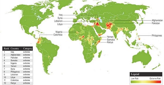 Mapa rizikových oblastí teroristických útok.