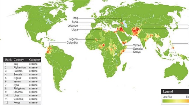 Mapa rizikových oblastí teroristických útok.