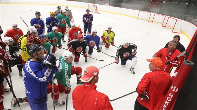 Hokejov obrnce Radek Martnek v dresu New Yorku Islanders trnuje v esku s hokejisty Havlkova Brodu.