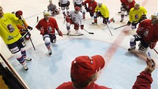 Hokejisté Pardubic naslouchají pokynům trenéra Zdeňka Venery. 