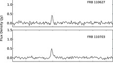 Intenzita ty zaznamenaných FBR (fast radio bursts), zaznamenaných teleskopy...