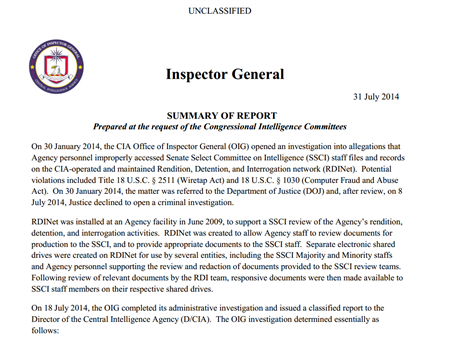Vrchn inspektor CIA vydal souhrn poznatk zskanch vyetovnm incidentu.