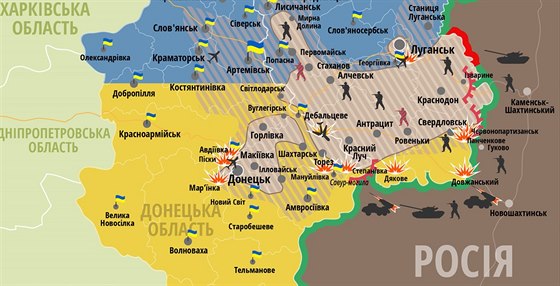 Situace v Donbasu k 2. srpnu na map zveejnné velením ukrajinské armády.