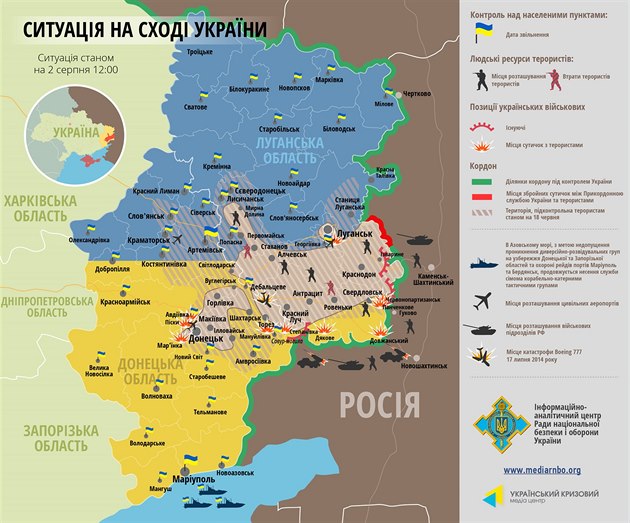 Situace v Donbasu k 2. srpnu na map� zve�ejn�né velením ukrajinské armády.