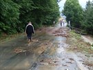 Voda z potoka se pelila pes silnici mezi obcemi Tetice a Omice (3. srpna...