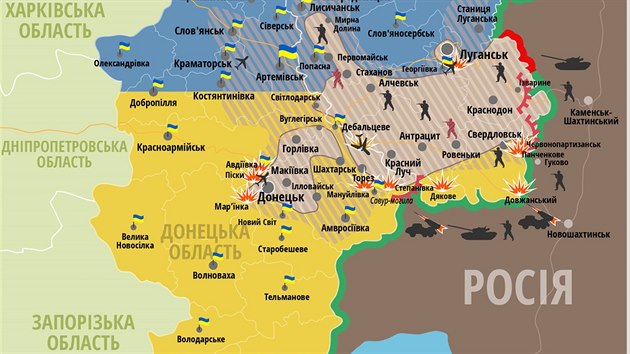 Situace v Donbasu k 2. srpnu na map zveejnné velením ukrajinské armády.