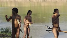 lenové dosud nekontaktovaného kmene stojí na behu amazonské eky Enviry....