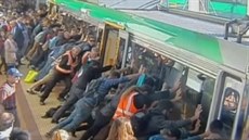 Cestující naklánjí vlak v západoaustralském mst Perth, aby pomohli mui,...