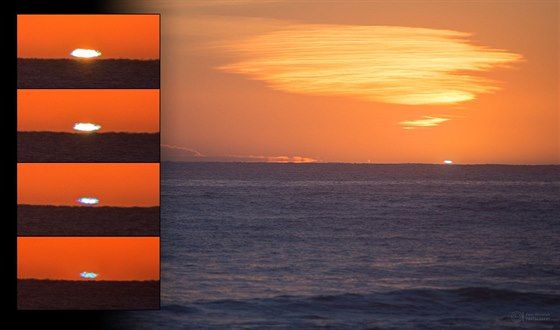 Snímek modrého a zeleného záblesku poízený na Hot Water Beach, Nový Zéland