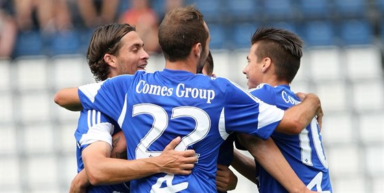 Radost olomouckých fotbalist po vstelené brance