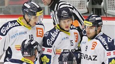 Vítkovi�tí hokejisté se radují z gólu.